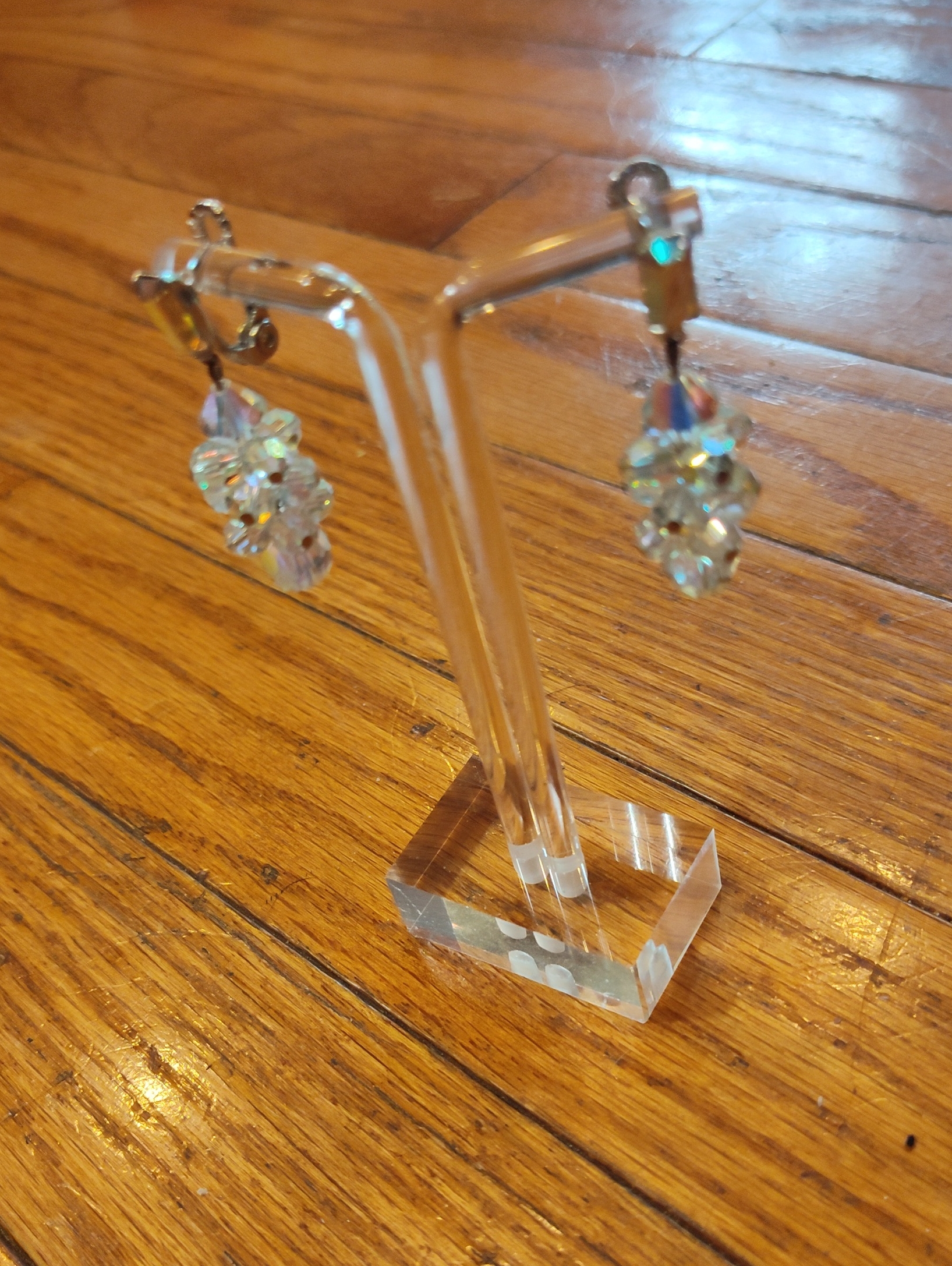 Leonard Siegel Ab Crystal Cluster Drop Earrings - Iridescent, Posts, 1960s 2"